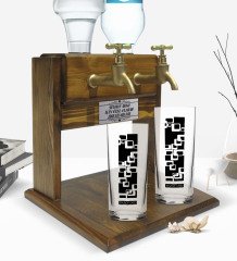 Kişiye Özel Renkli Baskılı İsimli İkili Rakı Bardağı ve Çift Musluklu Doğal Ahşap Rakı Standı-121