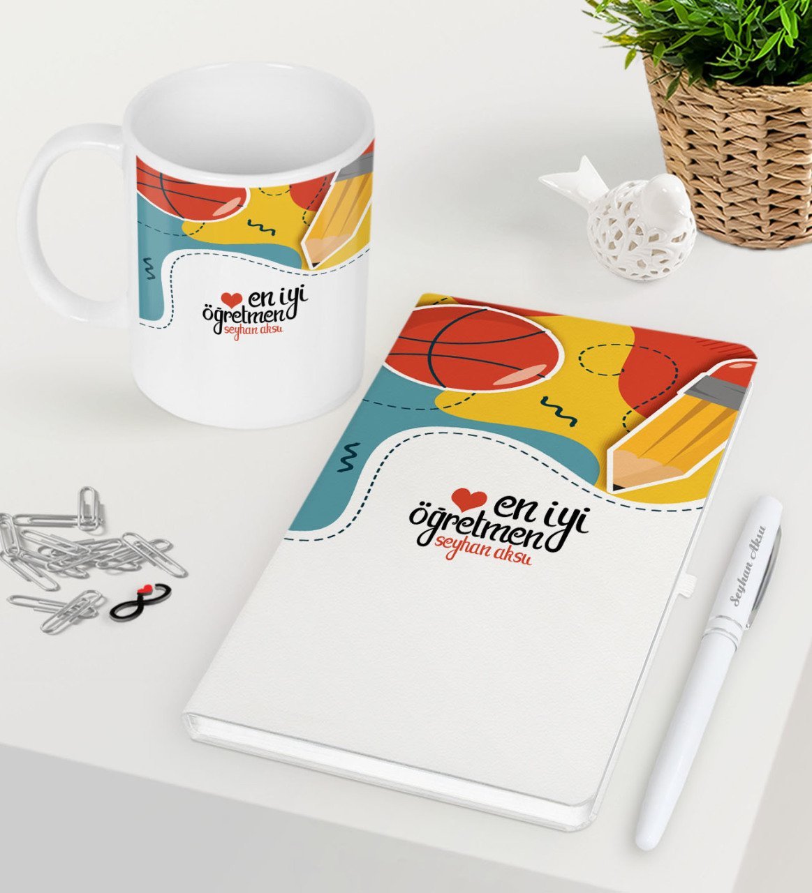 Kişiye Özel En İyi Öğretmen Beyaz Defter Kalem Kupa Seti-5