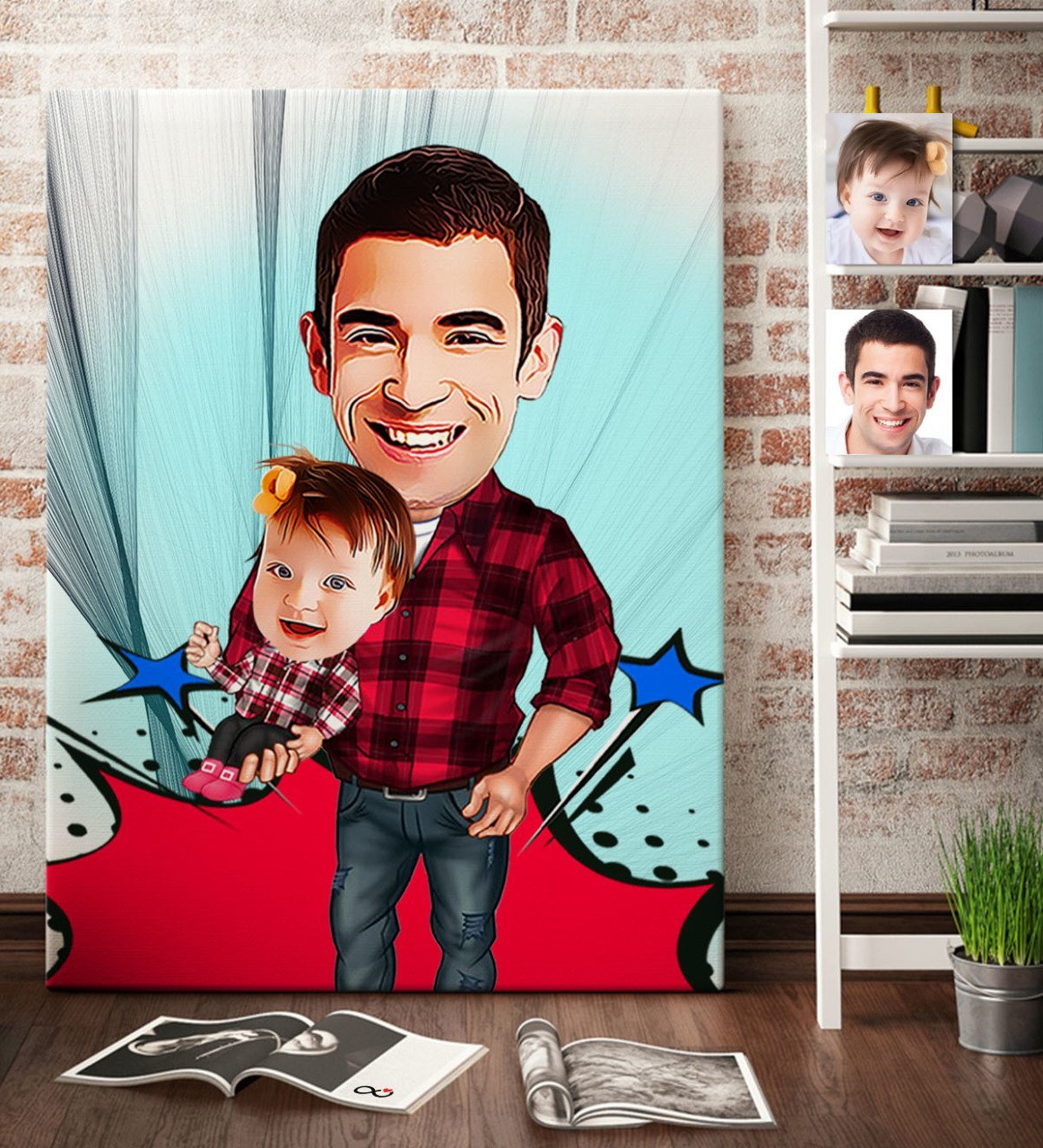 Kişiye Özel Baba Kız Karikatür Kanvas Tablo (70 x 100 cm.) 2