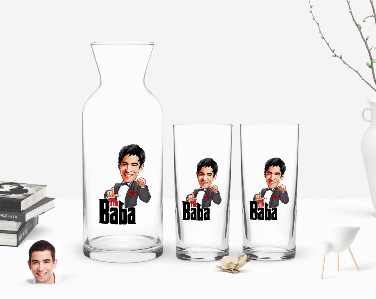 Kişiye Özel Renkli Baskılı Godfather Baba Karikatürlü İkili Rakı Bardağı ve Karaf Hediye Seti-7