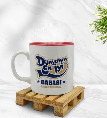 Kişiye Özel Dünyanın 1 Numaralı Babası Tasarımlı İçi Kırmızı Renkli Kupa Bardak Model 2
