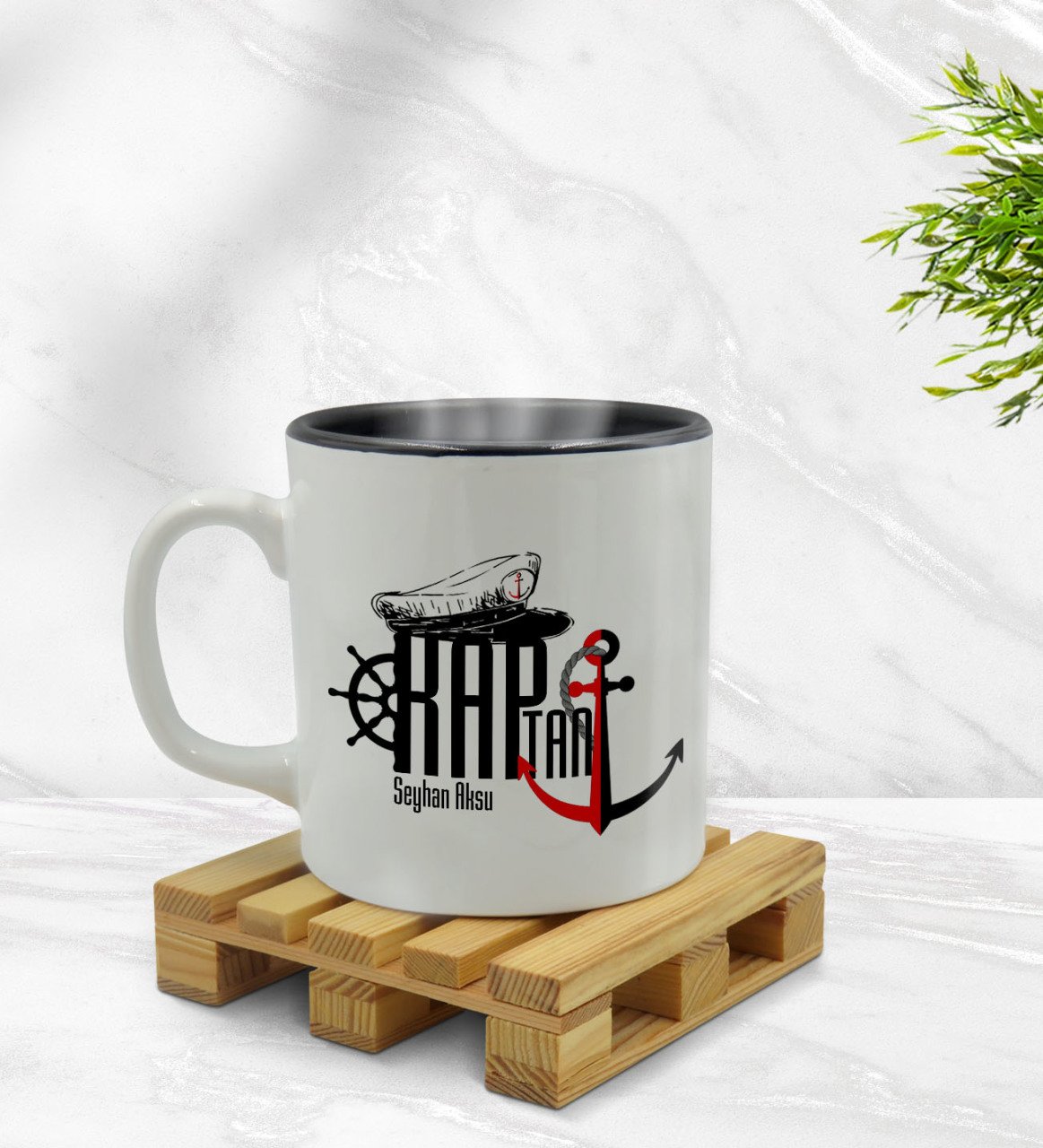 Kişiye Özel Kaptan Tasarımlı İçi Siyah Renkli Kupa Bardak Model 2