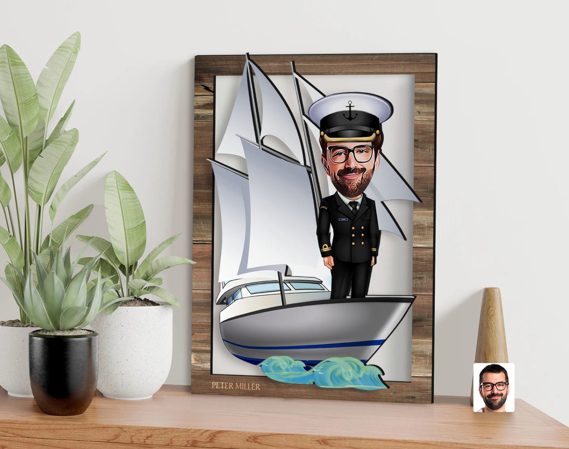 BK Gift Kişiye Özel Gemi Kaptanı Karikatürlü 3D Ahşap Tablo, Sevgiliye Hediye, Arkadaşa Hediye, Yıl Dönümü Hediyesi, Doğum Günü Hediyesi-1
