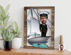 BK Gift Kişiye Özel Gemi Kaptanı Karikatürlü 3D Ahşap Tablo, Sevgiliye Hediye, Arkadaşa Hediye, Yıl Dönümü Hediyesi, Doğum Günü Hediyesi-1