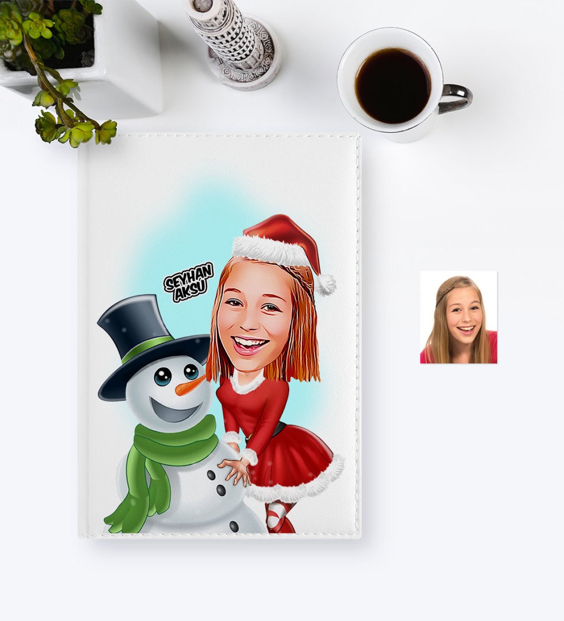 BK Gift Kişiye Özel Yılbaşı Tasarımlı Bayan Karikatürlü 2023 Beyaz Deri Ajanda - 4