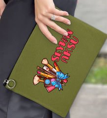 BK Gift Kişiye Özel İsimli-3 Astarlı Yeşil Portföy Çanta 30x21cm, Baskılı El Çantası, Organizer Çanta