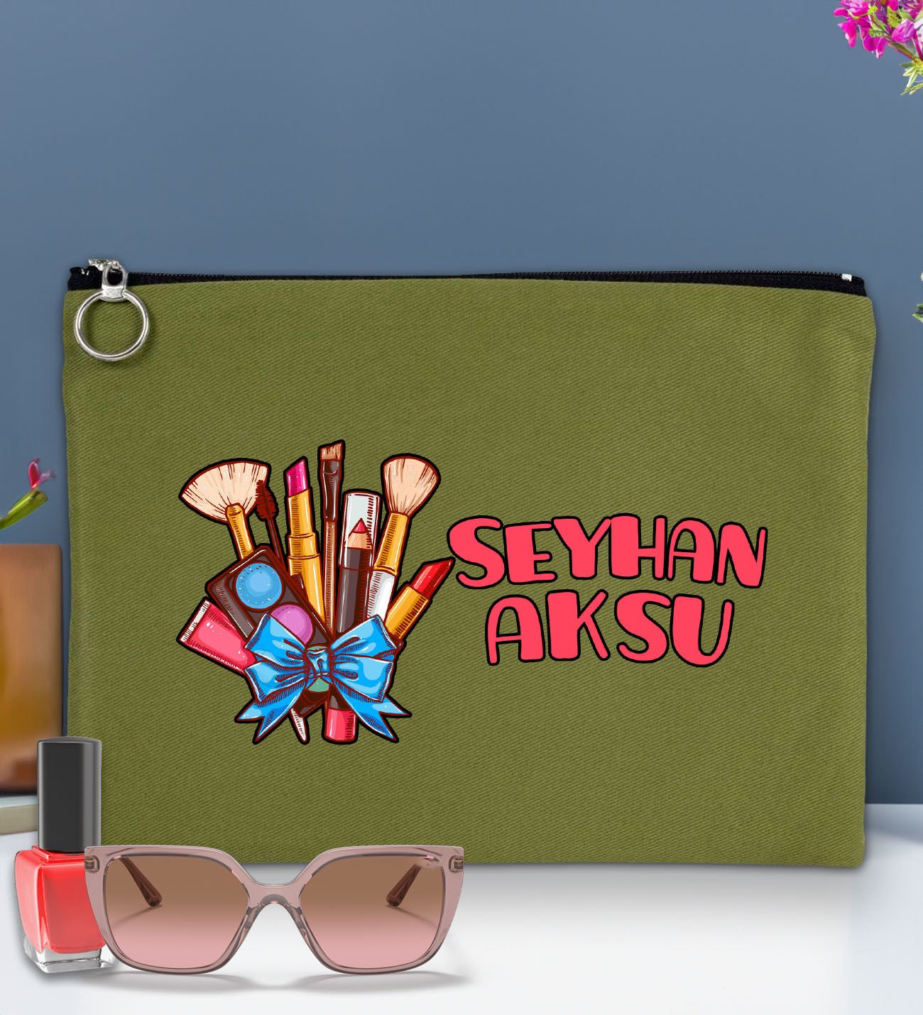 BK Gift Kişiye Özel İsimli-3 Astarlı Yeşil Portföy Çanta 30x21cm, Baskılı El Çantası, Organizer Çanta