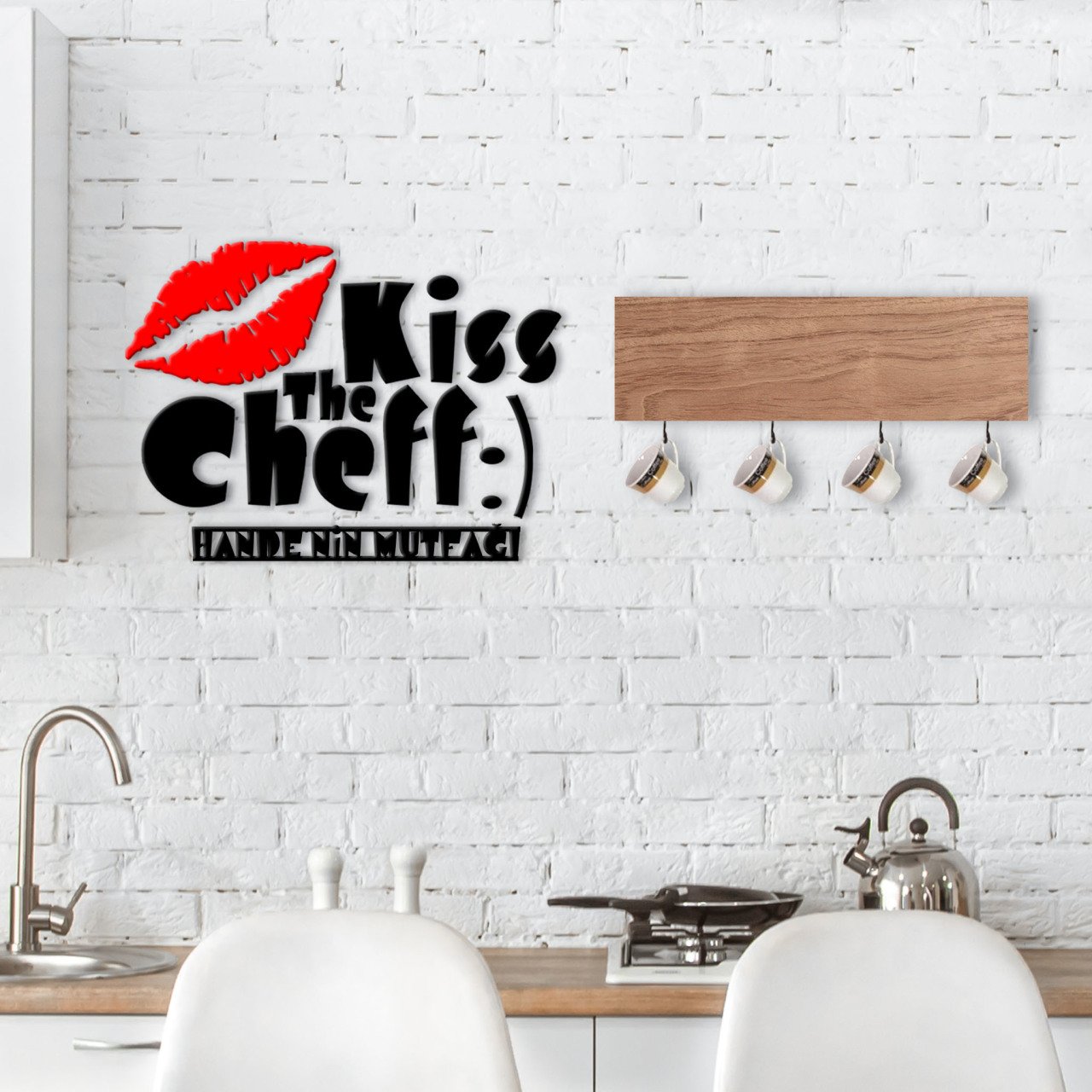 BK Home Doğal Ahşap Dekoratif Fincan Askılığı ve İsme Özel Mutfak Duvar Süsü-2