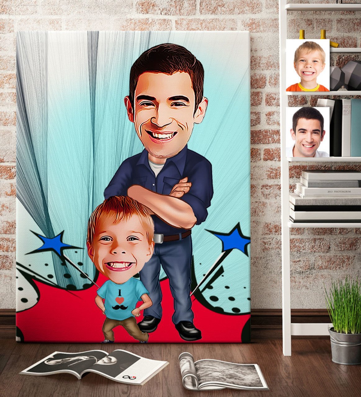 Kişiye Özel Baba Oğul Karikatür Kanvas Tablo (70 x 100 cm.) 2
