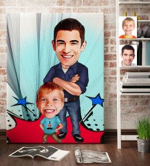 Kişiye Özel Baba Oğul Karikatür Kanvas Tablo (70 x 100 cm.) 2