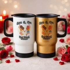 BK Gift Kişiye Özel Best Friend Tasarımlı 2’li Kulplu Beyaz&Gold Çelik Termos Mug 450 ml -5 Arkadaşa Hediye En İyi Arkadaş Termos Seti
