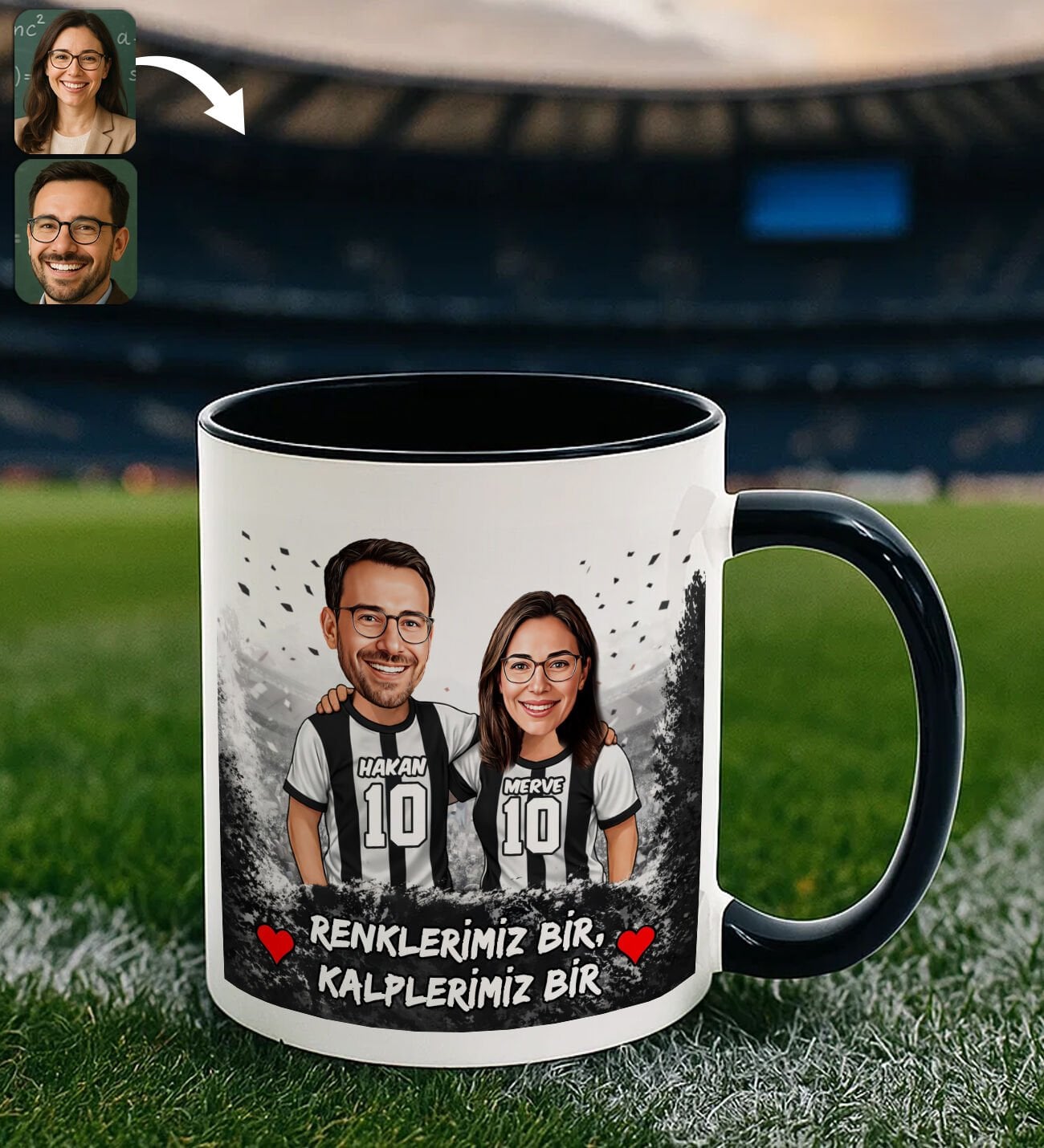BK Gift Kişiye Özel İsimli Siyah-Beyaz Sevgili Karikatürlü Siyah Kupa Bardak – İsim ve Forma Numaralı Taraftar Kupa, Doğum Günü Hediyesi