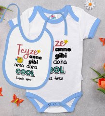 BK Kids Kişiye Özel Teyze Anne Gibi Tasarımlı Mavi Bebek Body Zıbın ve Mama Önlüğü Hediye Seti