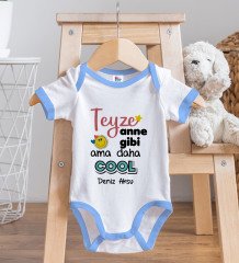 BK Kids Kişiye Özel Teyze Anne Gibi Tasarımlı Mavi Bebek Body Zıbın ve Mama Önlüğü Hediye Seti