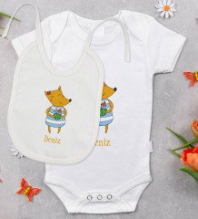 BK Kids Kişiye Özel İsimli Bebek Body Zıbın ve Mama Önlüğü Hediye Seti - Model 21