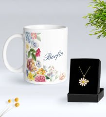 BK Gift Kişiye Özel İsimli Çiçek Tasarımlı Beyaz Kupa ve Papatya Kolye Hediye Seti - 8, Sevgiliye Hediye, Anneye Hediye, Arkadaşa Hediye
