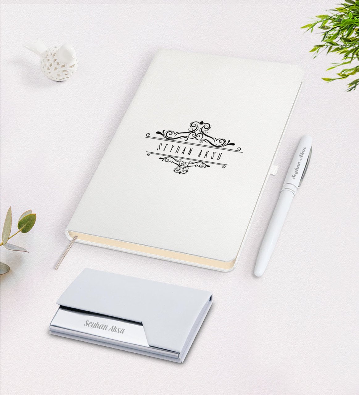 Kişiye Özel İsimli Beyaz Defter Kalem Kartvizitlik Hediye Seti-8