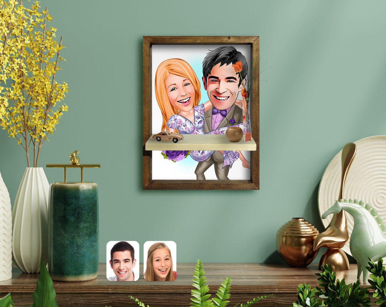 Kişiye Özel Sevgililer Karikatürlü Doğal Masif Ahşap Çerçeveli Tablo Duvar Rafı-56