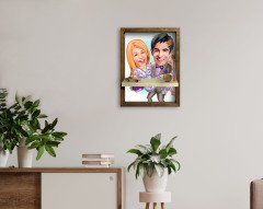 Kişiye Özel Sevgililer Karikatürlü Doğal Masif Ahşap Çerçeveli Tablo Duvar Rafı-56