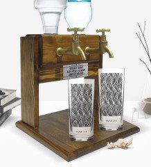 Kişiye Özel Renkli Baskılı İsimli İkili Rakı Bardağı ve Çift Musluklu Doğal Ahşap Rakı Standı-126