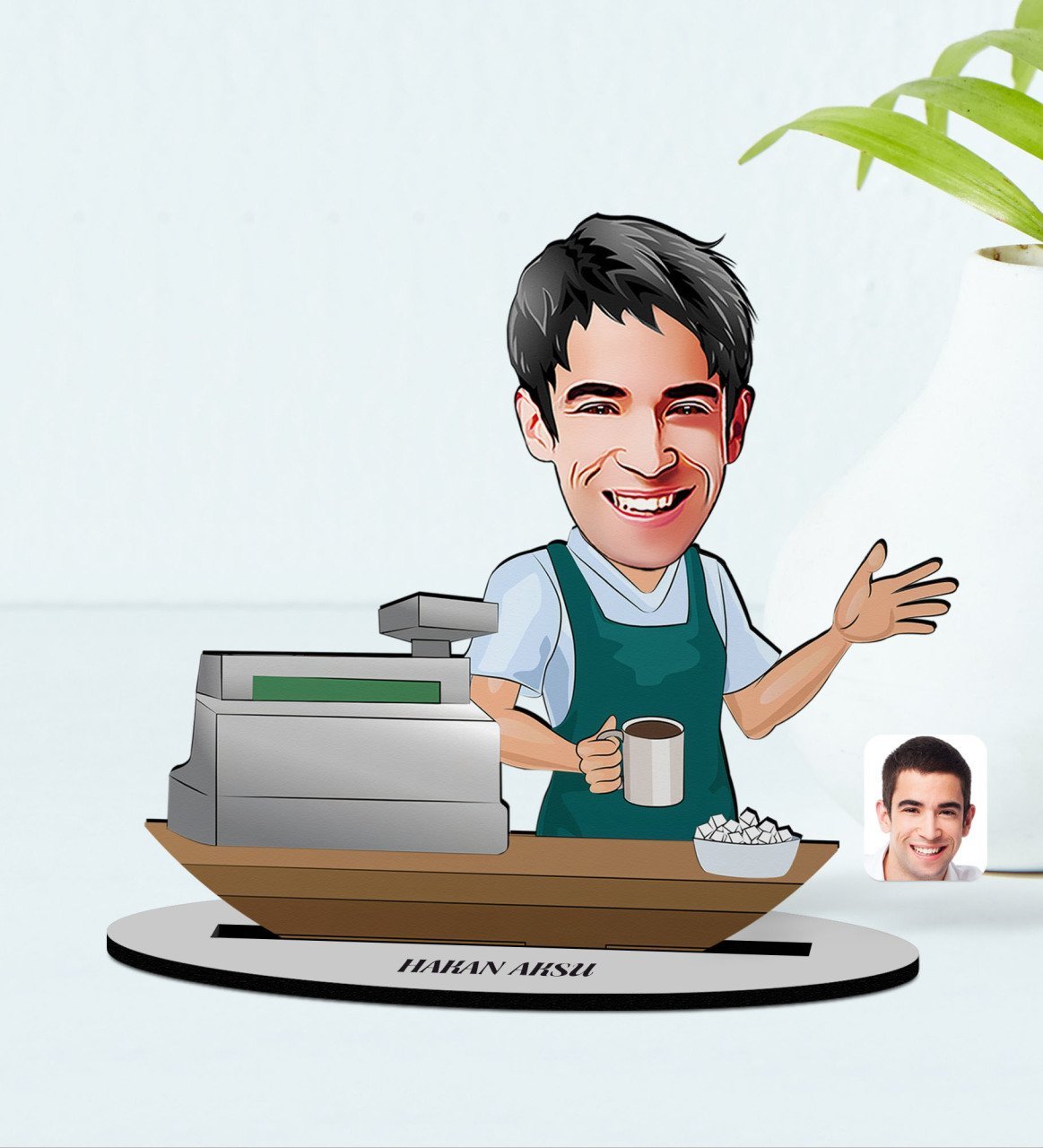 Kişiye Özel İsimli Barista Karikatürlü Ahşap Biblo Model-1