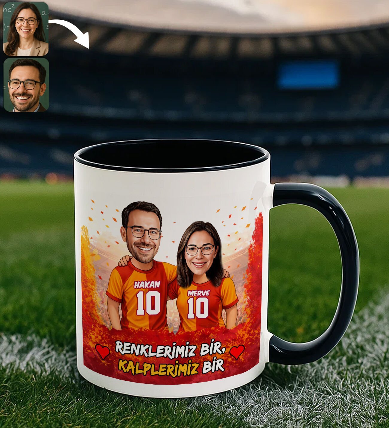 BK Gift Kişiye Özel İsimli Sarı-Kırmızı Sevgili Karikatürlü Siyah Kupa Bardak – İsim ve Forma Numaralı Taraftar Kupa, Doğum Günü Hediyesi