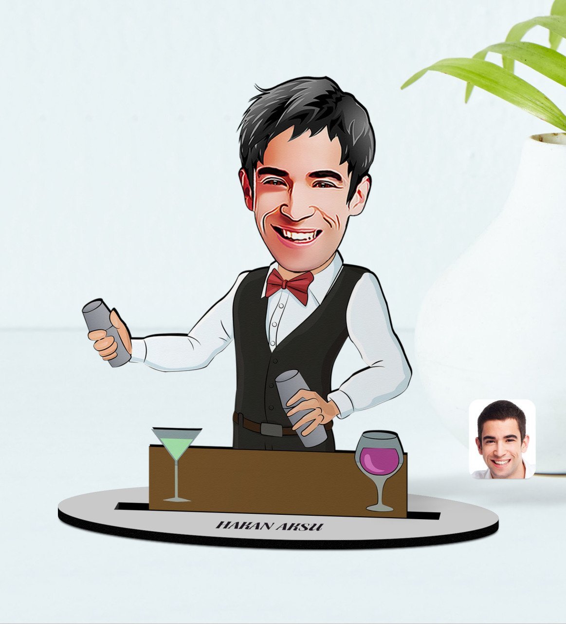 Kişiye Özel İsimli Barmen Karikatürlü Ahşap Biblo Model-1