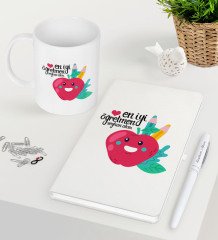 Kişiye Özel En İyi Öğretmen Beyaz Defter Kalem Kupa Seti-11