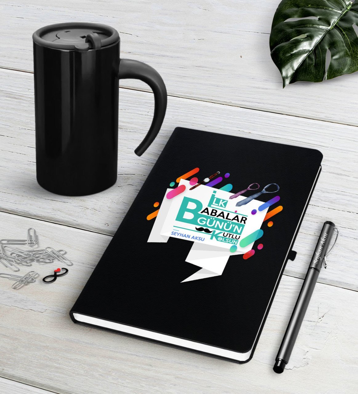 Kişiye Özel İlk Babalar Günün Kutlu Olsun Siyah Defter Kalem Termos Mug Seti-6