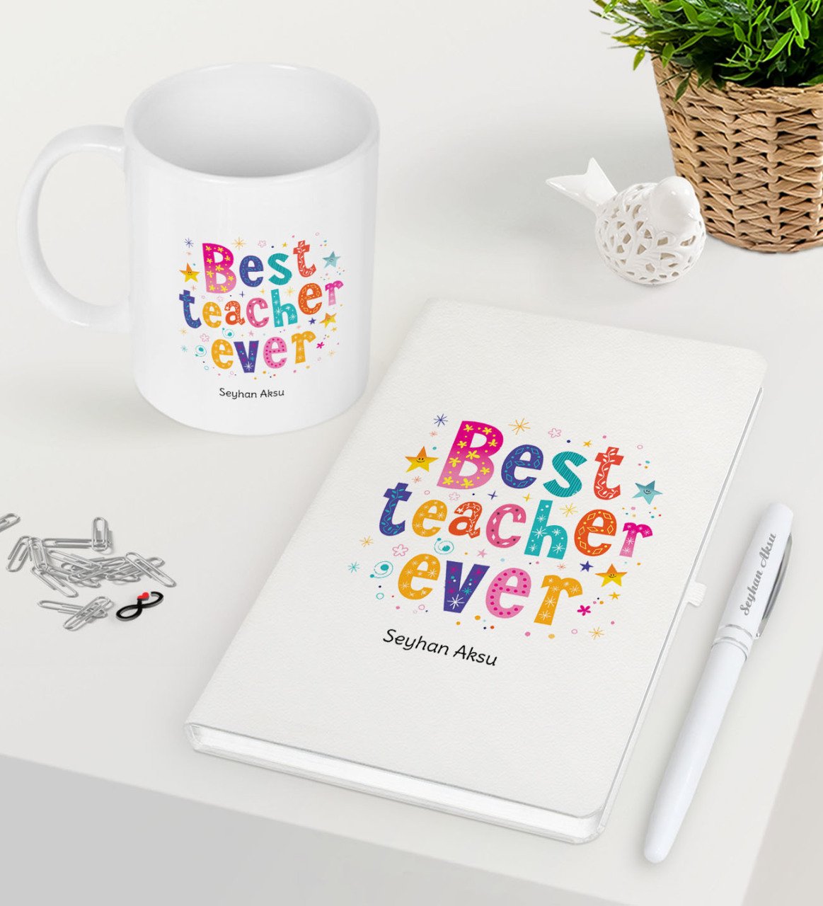Kişiye Özel En İyi Öğretmen Beyaz Defter Kalem Kupa Seti-12