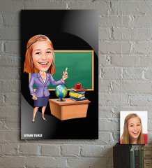 Kişiye Özel Bayan Öğretmen Karikatür Ahşap Tablo - 1