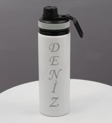 BK Gift Kişiye Özel İsimli Gri Renkli Şerit Metal Su Matarası 850ml, İsimli Matara, Arkadaşa Hediye