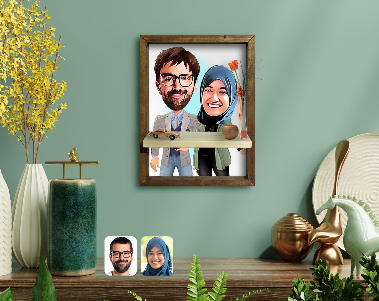 Kişiye Özel Sevgililer Karikatürlü Doğal Masif Ahşap Çerçeveli Tablo Duvar Rafı-60