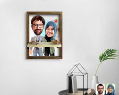 Kişiye Özel Sevgililer Karikatürlü Doğal Masif Ahşap Çerçeveli Tablo Duvar Rafı-60