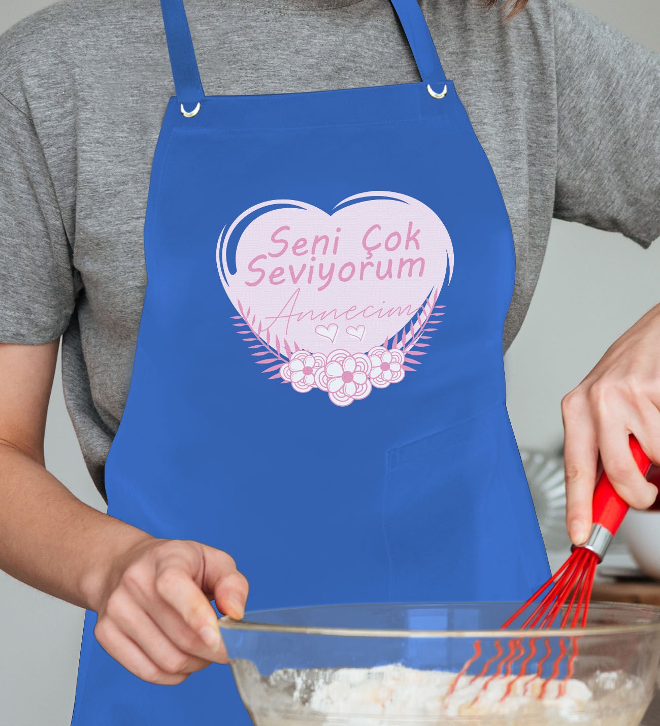 BK Gift Profesyonel Anneler Günü Tasarımlı Mavi Mutfak Önlüğü, Aşçı Önlüğü, Şef Önlüğü, Ev Hediyesi, Anneye Hediye-4