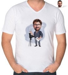 Kişiye Özel Erkek Yönetmen Karikatürlü V Yaka Tişört-1