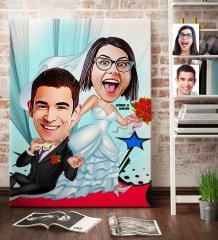 Kişiye Özel Gelin Damat Karikatür Kanvas Tablo (70 x 100 cm.) 2