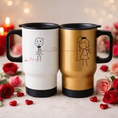 BK Gift Sevgili Çift Tasarımlı 2’li Kulplu Beyaz&Gold Çelik Termos Mug 450 ml -27, Sevgiliye Hediye, Sevgililer Günü Hediyesi
