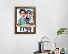 Kişiye Özel Sevgililer Karikatürlü Doğal Masif Ahşap Çerçeveli Tablo Duvar Rafı-61
