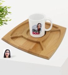 Kişiye Özel Kadın Big Boss Karikatürlü Beyaz Kupa ve Doğal Masif Ahşap 4 Bölmeli Sunum Tabağı Çerezlik Hediye Seti-2