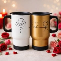 BK Gift Sevgili Çift Tasarımlı 2’li Kulplu Beyaz&Gold Çelik Termos Mug 450 ml -28, Sevgiliye Hediye, Sevgililer Günü Hediyesi