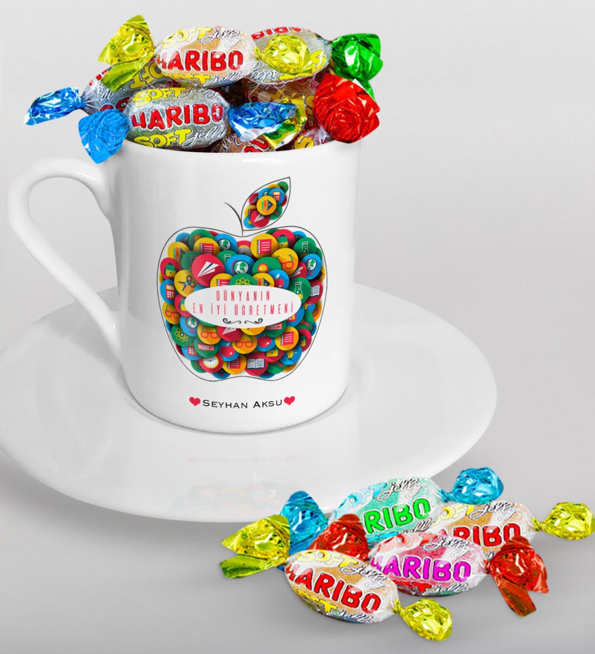 Kişiye Özel Dünyanın En İyi Öğretmeni Türk Kahvesi Fincanı ve Haribo Şeker Hediye Seti-12