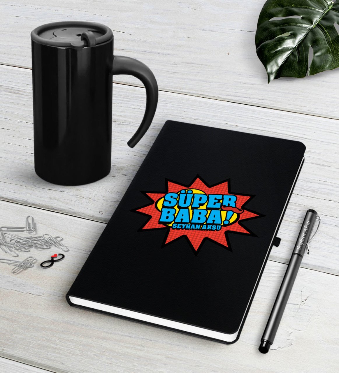 Kişiye Özel Süper Baba Siyah Defter Kalem Termos Mug Seti-2