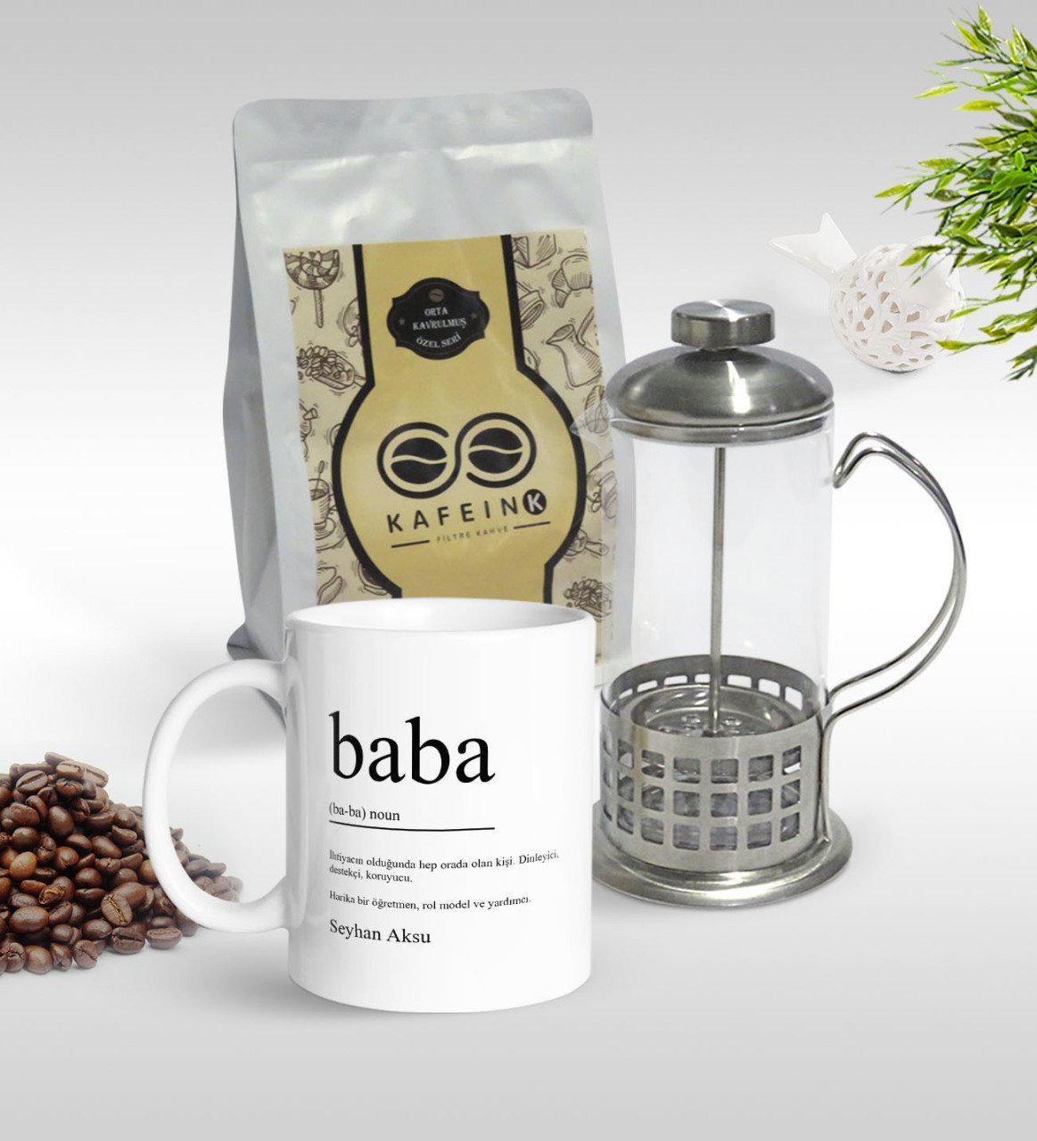 Kişiye Özel Baba Tasarımlı Kupa & French Press & 250gr Filtre Kahve Hediye Seti-2