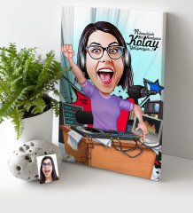 Kişiye Özel Bayan Radyocu Karikatür Kanvas Tablo (30 x 50 cm.) 1