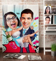 Kişiye Özel Gelin Damat Karikatür Kanvas Tablo (70 x 100 cm.) 4