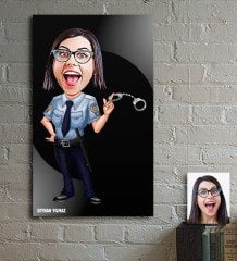 Kişiye Özel Bayan Polis Karikatür Ahşap Tablo - 1