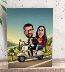 BK Gift Kişiye Özel Motorcu Çift Karikatürlü Kanvas Tablo-1 (15x20), Sevgiliye Hediye, Sevgililer Günü Hediyesi