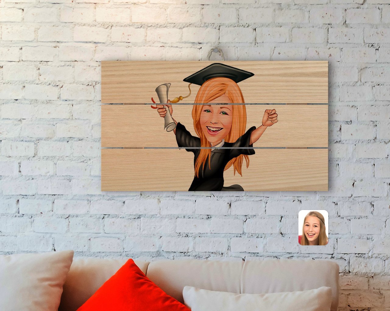 Kişiye Özel Kadın Mezun Karikatürlü Otantik Ahşap Palet Tablo-1