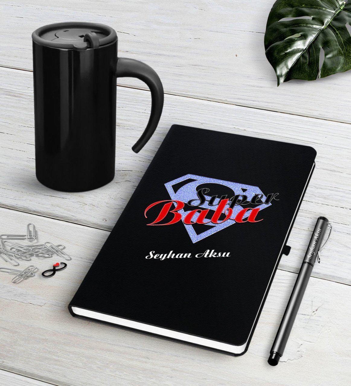 Kişiye Özel Süper Baba Siyah Defter Kalem Termos Mug Seti-5